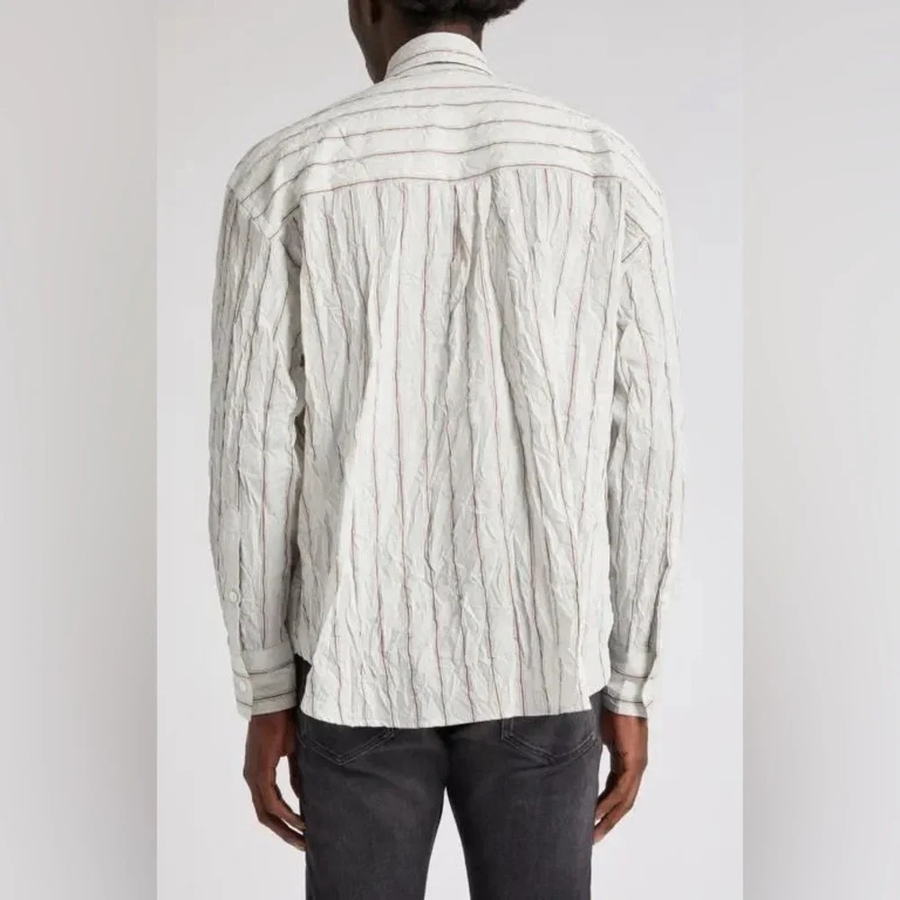 nwt JOHN ELLIOTT Men's Crinkled Tie Shirt in Manhasset Stripe Size Large